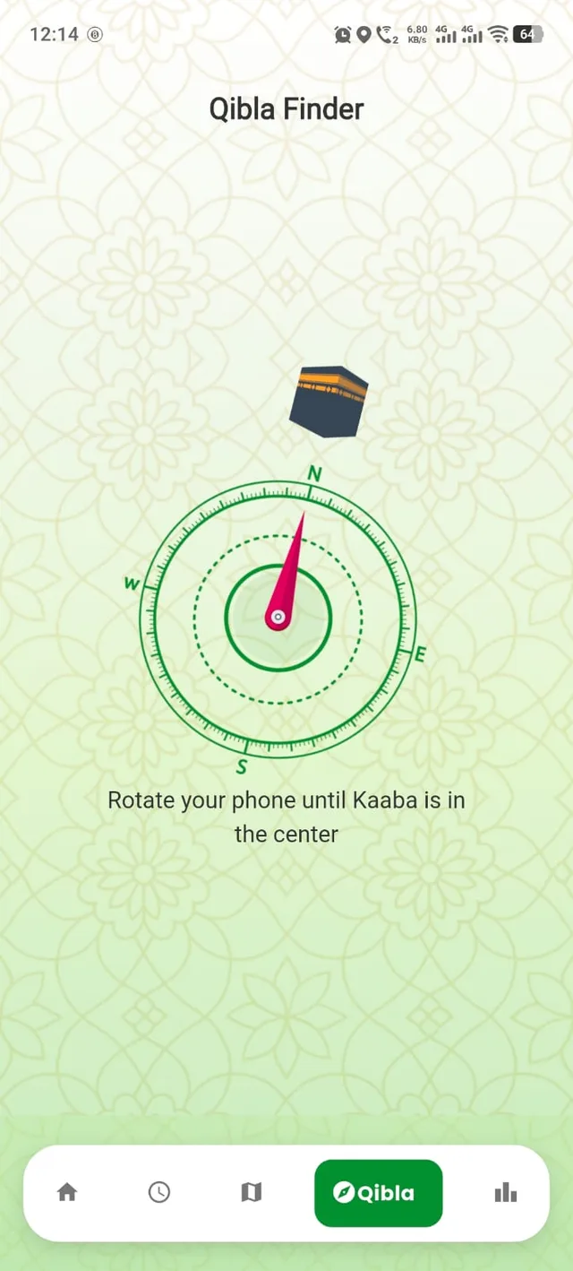 Qibla-Finder von Islam2Go mit einem Kompass, der zur Kaaba zeigt